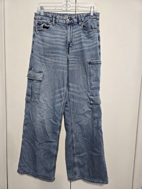 American Eagle Cargo Jeans Womens 10 Wide Leg Baggy Light Wash Y2K Utility Denim